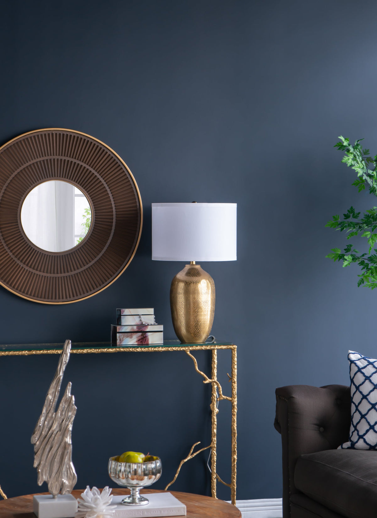 D15x25.7' Round Aluminum Sheet Gold Table Lamp with White Fabric Shade by HouseOfZazla on dark blue wall on Tampa Home & Garden Store