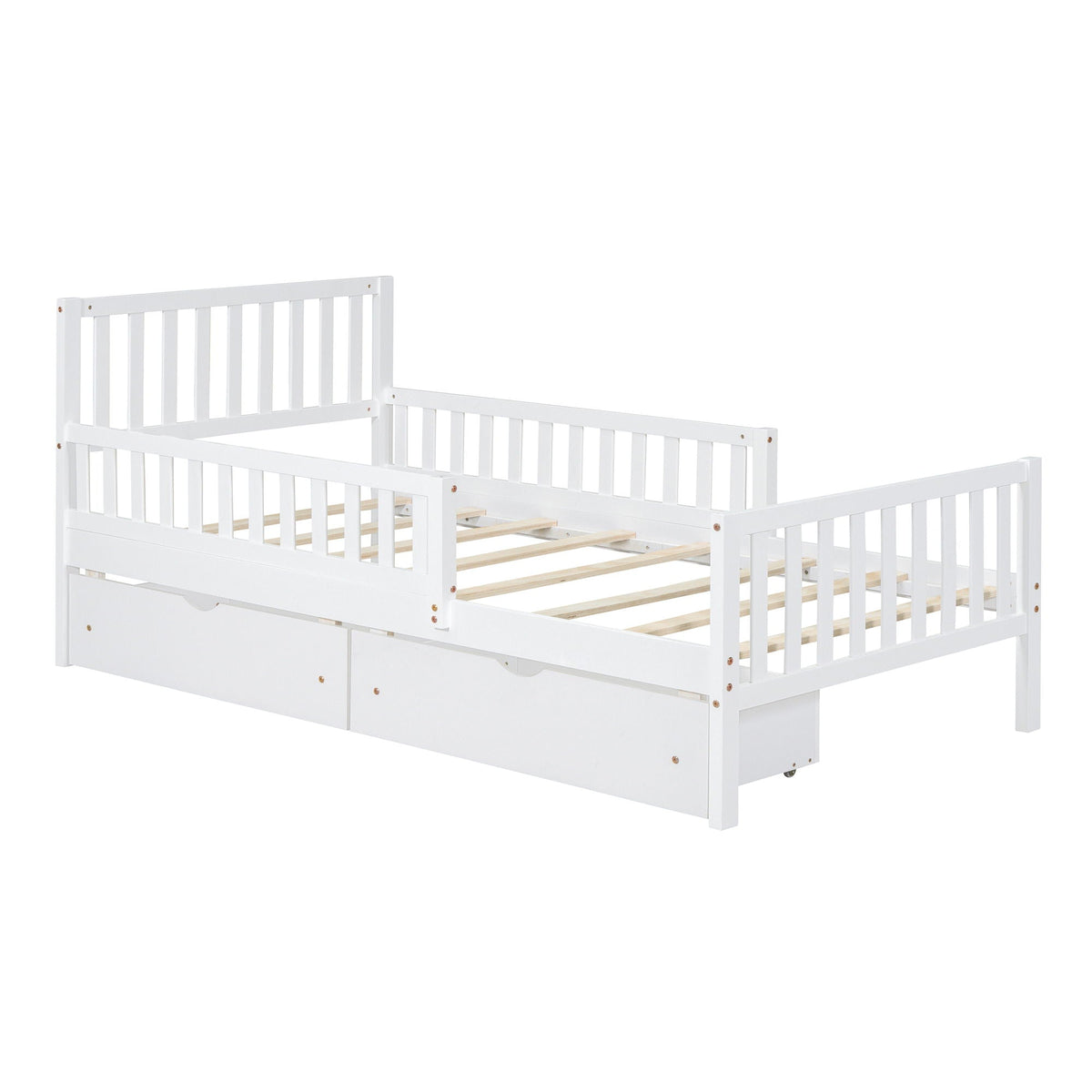 Platform bed with guardrails on both sides and 2 storage drawers, white wood, HouseOfZazla on Tampa Home & Garden Store