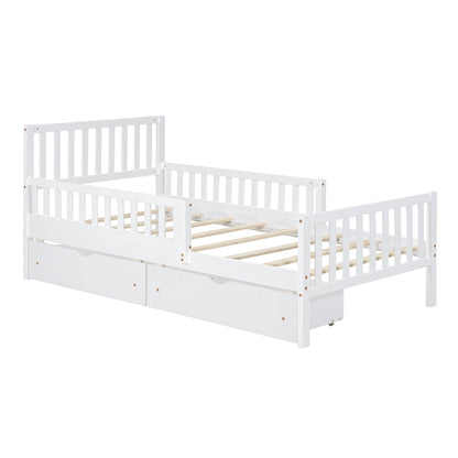Platform bed with guardrails on both sides and 2 storage drawers, white wood, HouseOfZazla on Tampa Home & Garden Store