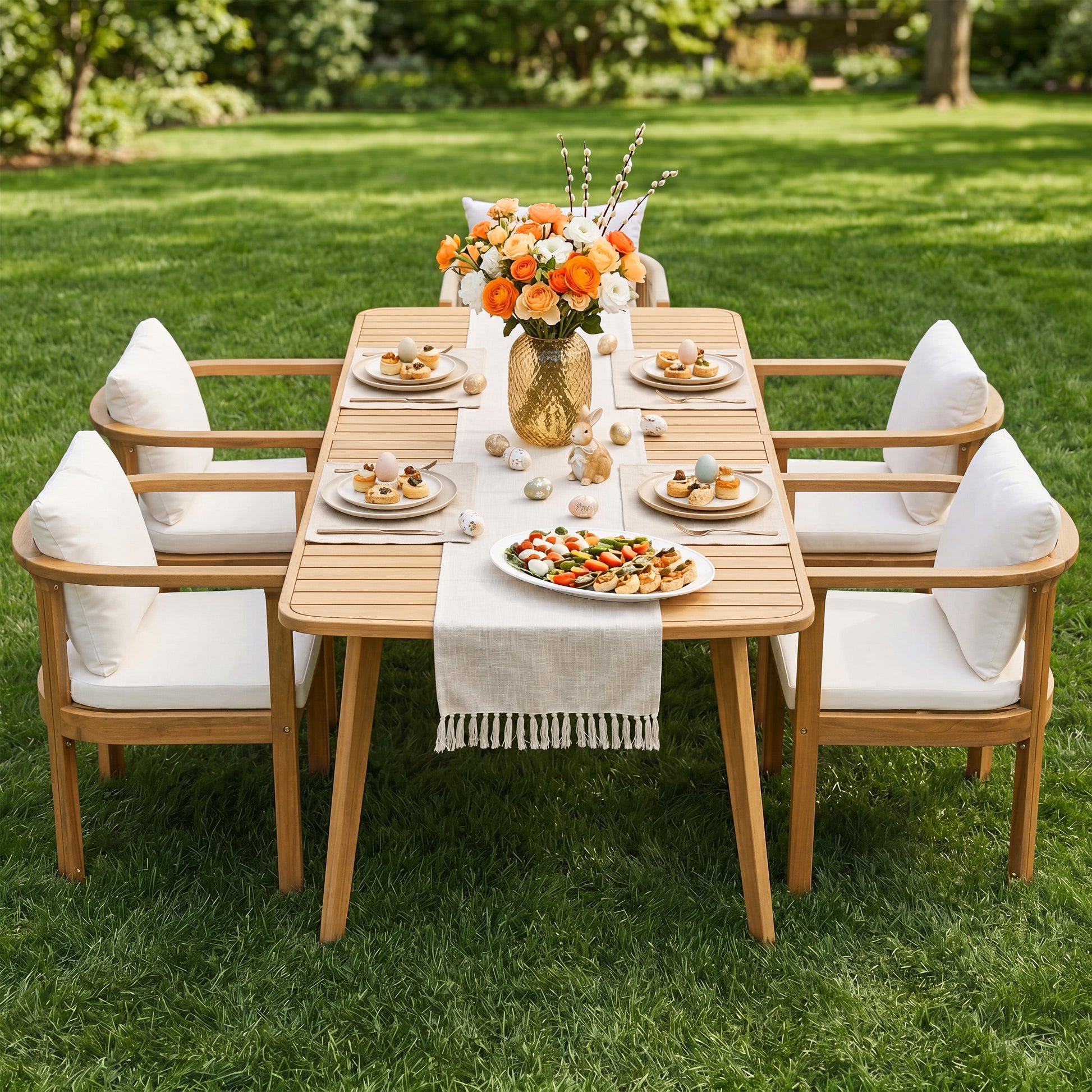 Outdoor dining chair set of 4 with curved acacia wood arms by HouseOfZazla, white cushions on Tampa Home & Garden Store