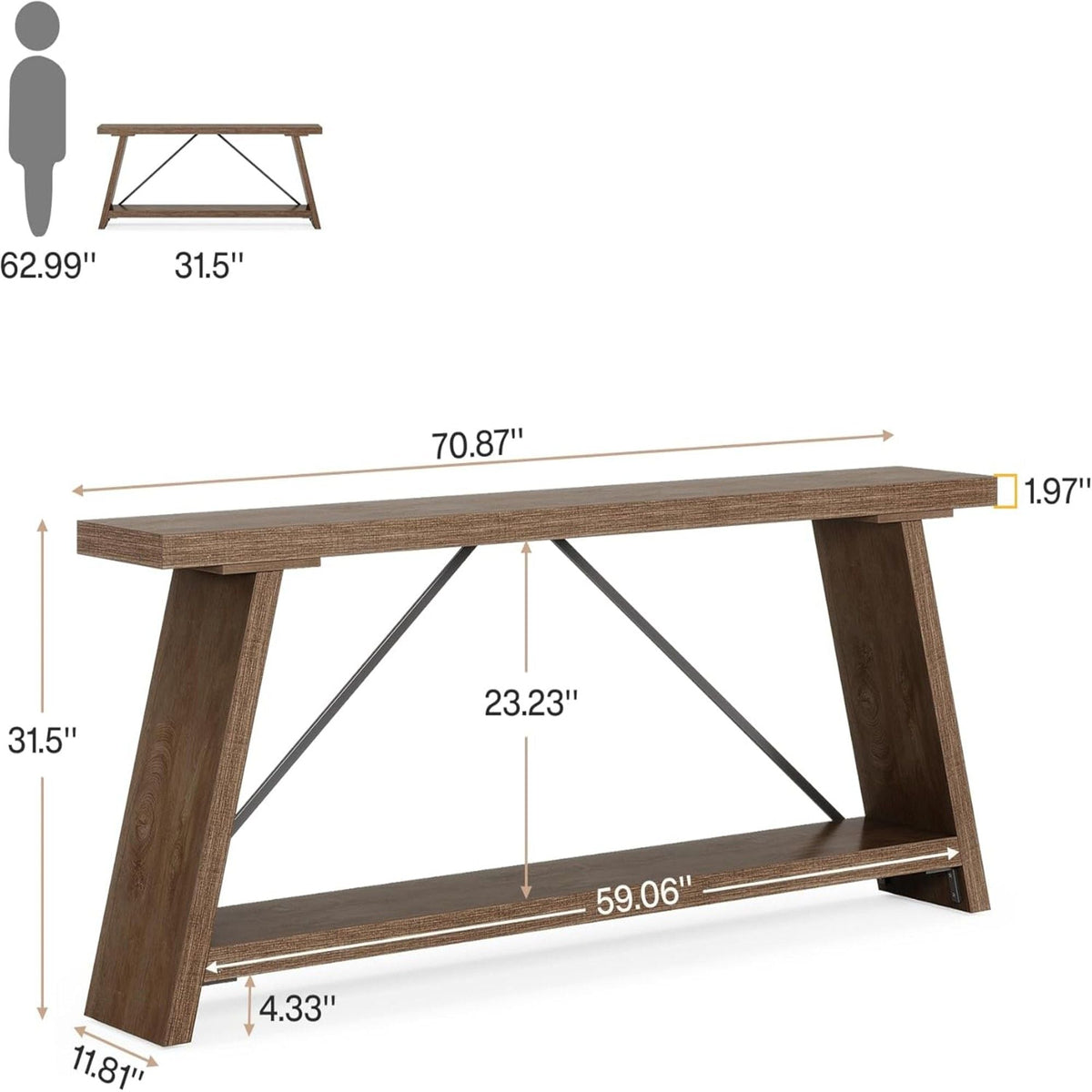 Extra long console table with 2-tier shelves in dark brown wood and metal by HouseOfZazla on Tampa Home & Garden Store