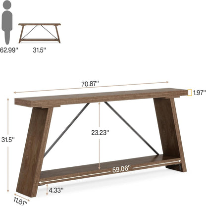 Extra long console table with 2-tier shelves in dark brown wood and metal by HouseOfZazla on Tampa Home & Garden Store