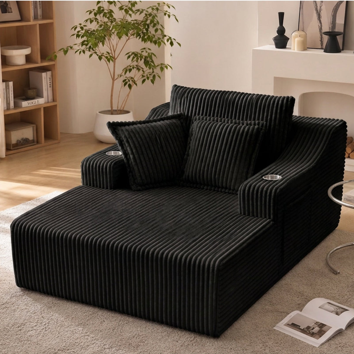Comfortable Oversized Chaise Lounge and Bed by HouseOfZazla, black ribbed velvet upholstery on Tampa Home & Garden Store