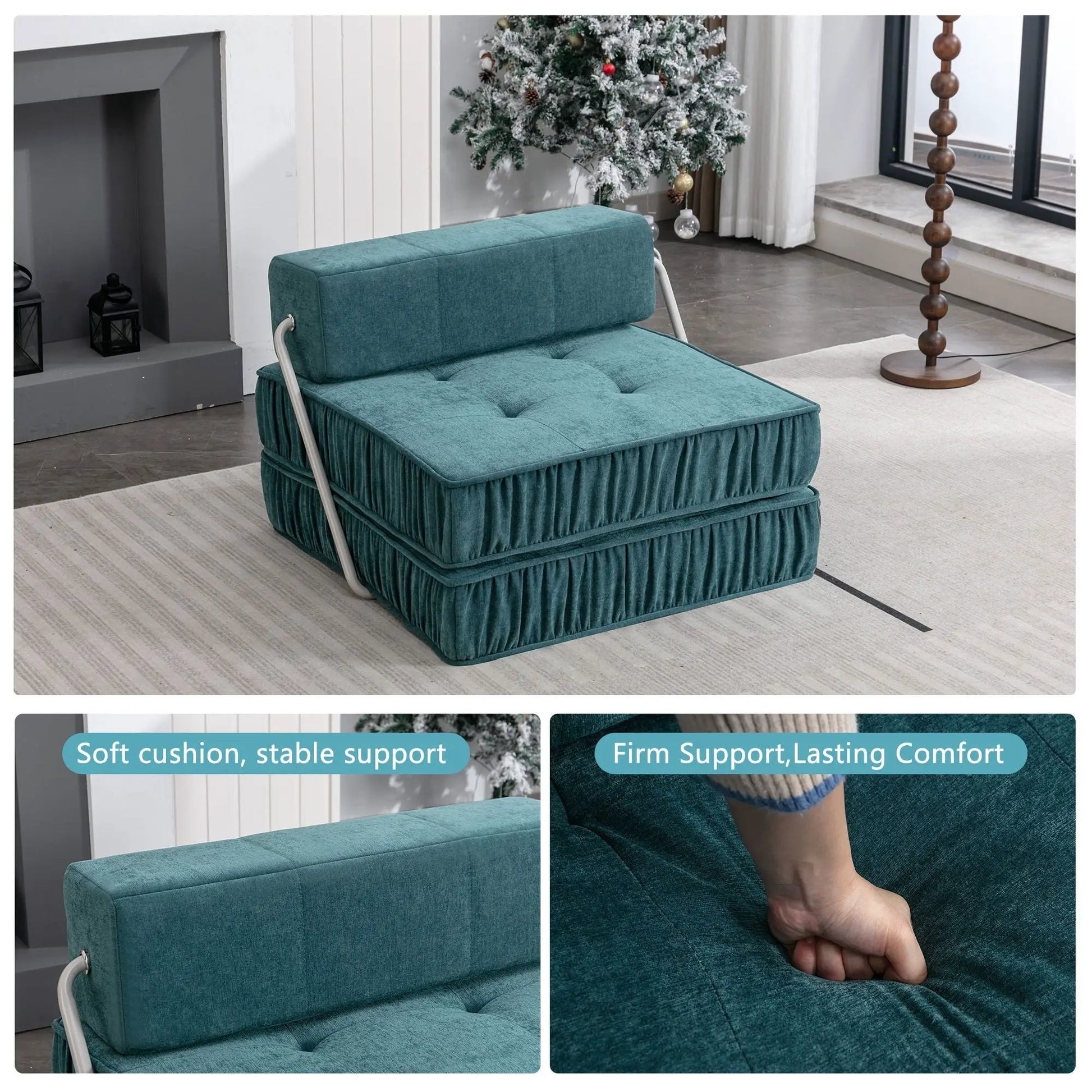 Folding sofa with removable back cushion in teal fabric, tufted, metal frame on Tampa Home & Garden Store
