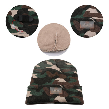 Unisex camouflage knitted beanie with 5 LED headlamp, GemGear battery pack and front light panel on Tampa Home & Garden Store