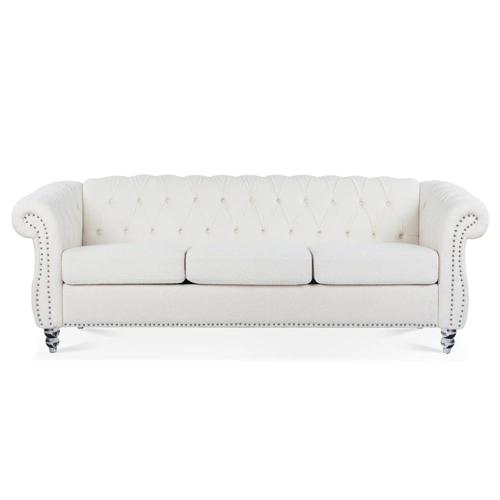 Rolled Arm Chesterfield 3 Seater Sofa, cream tufted upholstery with nailhead trim on Tampa Home & Garden Store
