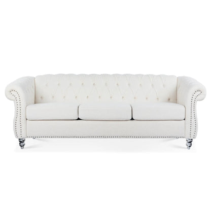 Rolled Arm Chesterfield 3 Seater Sofa, cream tufted upholstery with nailhead trim on Tampa Home & Garden Store