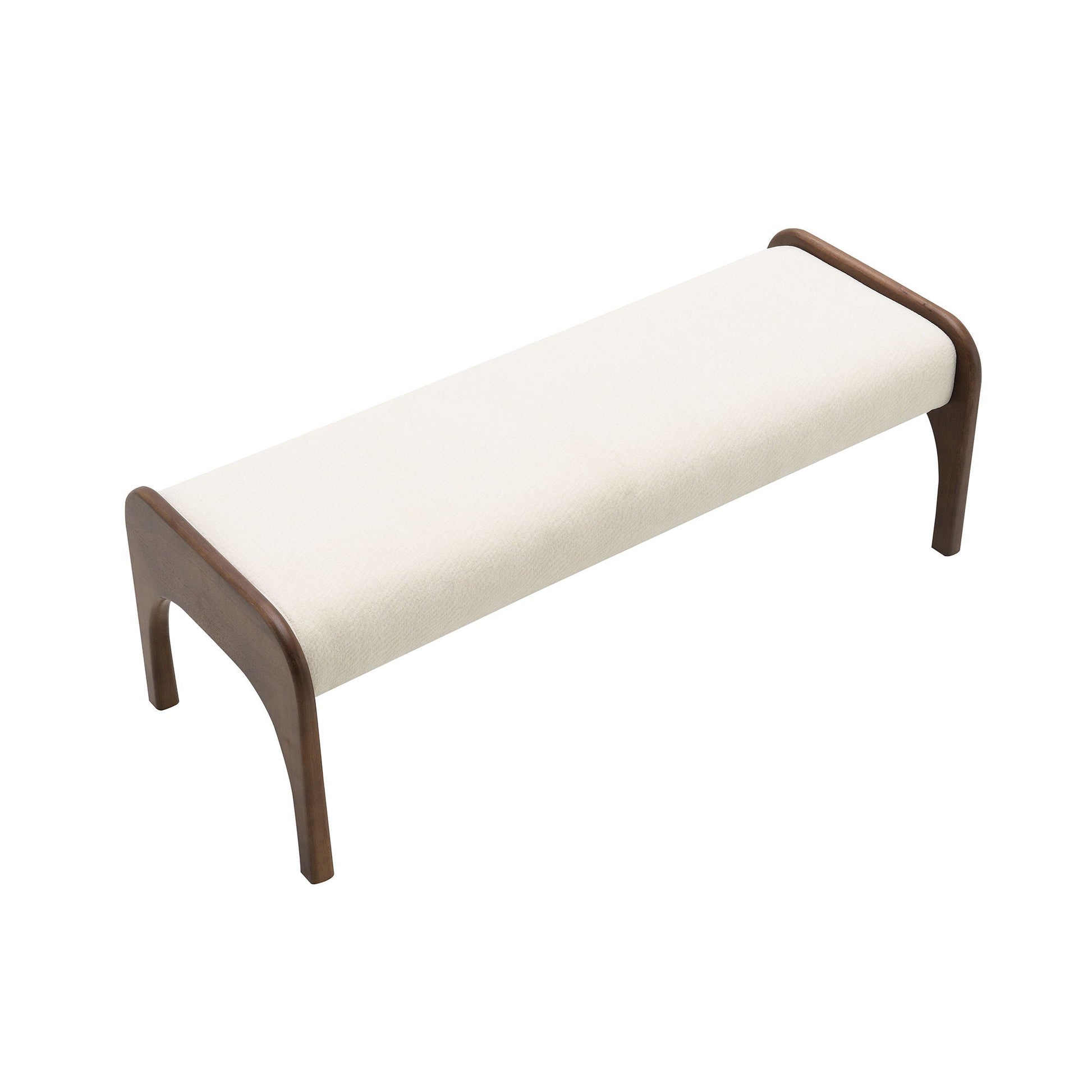 Modern Upholstered Long Bench For Kitchen with cream fabric and curved wood legs on Tampa Home & Garden Store