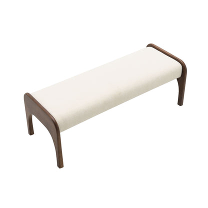 Modern Upholstered Long Bench For Kitchen with cream fabric and curved wood legs on Tampa Home & Garden Store