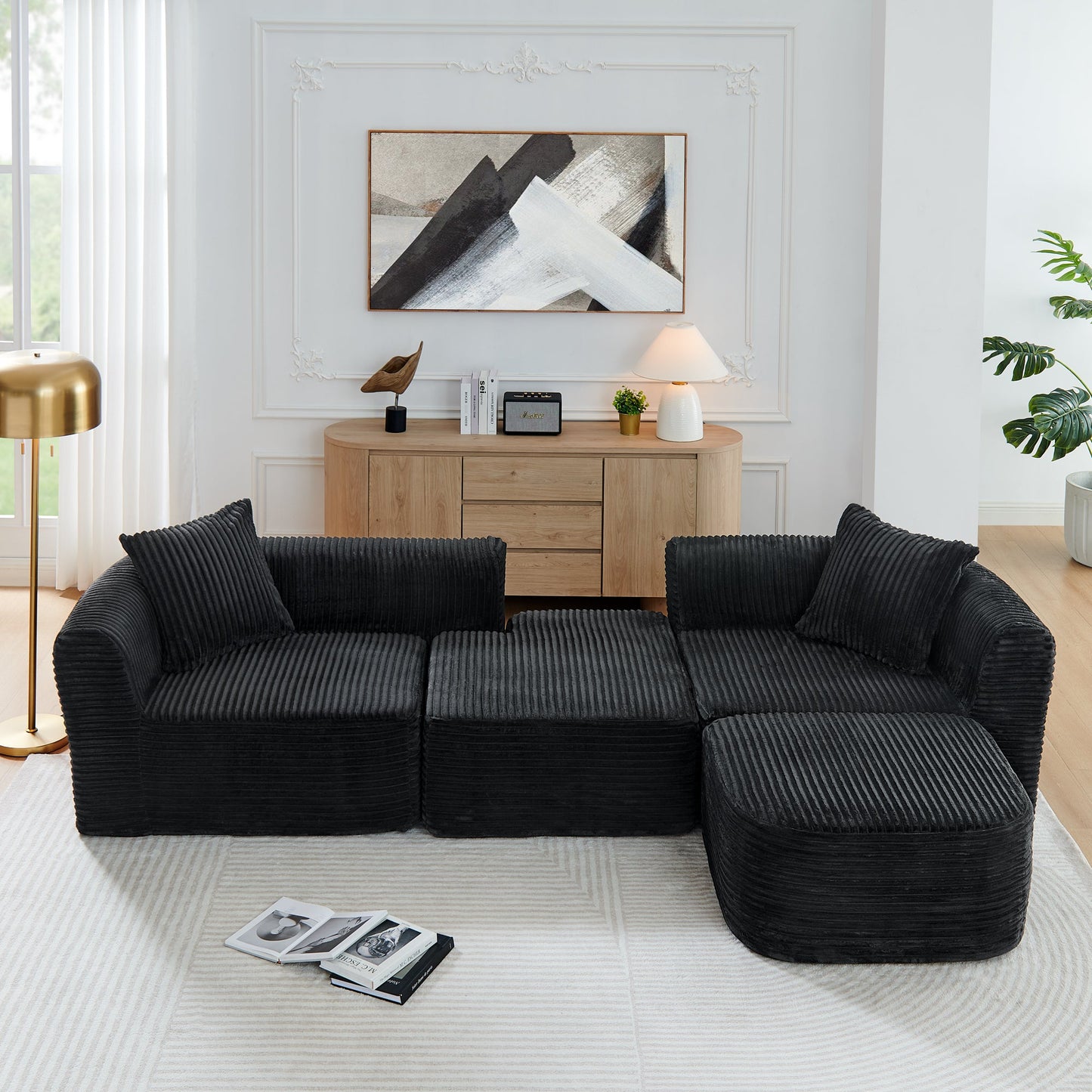 114-inch Cloud Sectional Couch with L-Shape Chaise in black corduroy fabric by HouseOfZazla on Tampa Home & Garden Store