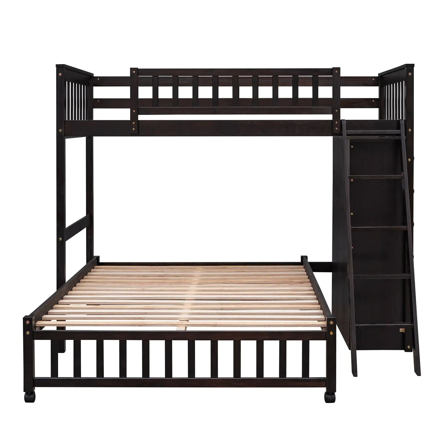 Bunk bed with 6 drawers and flexible shelves in dark wood finish, top guard rails on Tampa Home & Garden Store