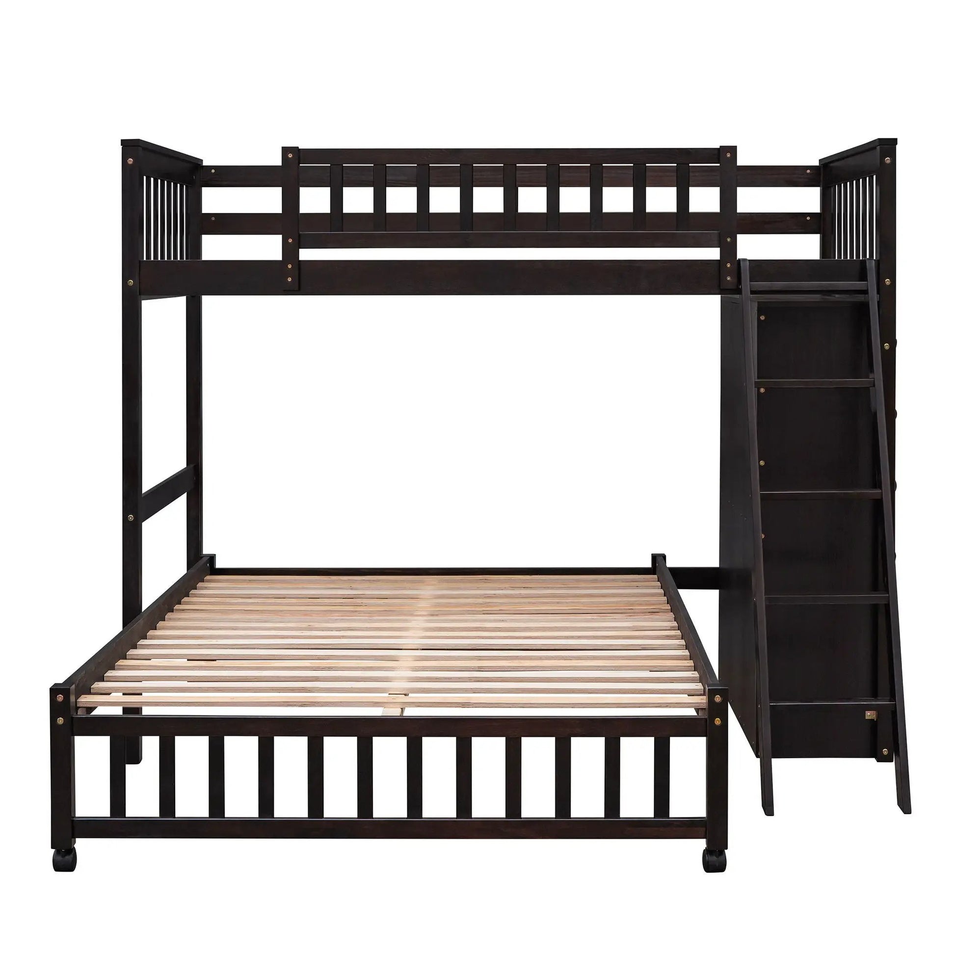 Bunk bed with 6 drawers and flexible shelves in dark wood finish, top guard rails on Tampa Home & Garden Store