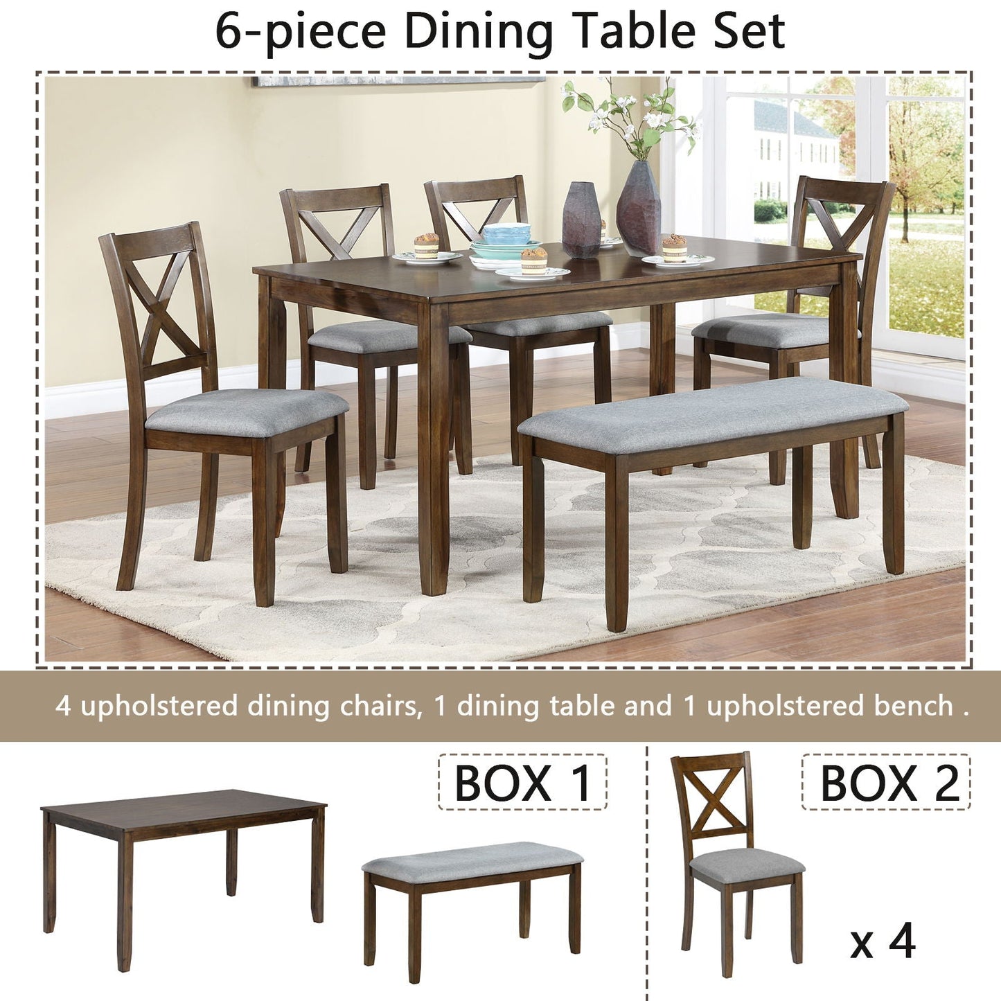 Six Piece Dining Set With A Bench And Four Chairs
