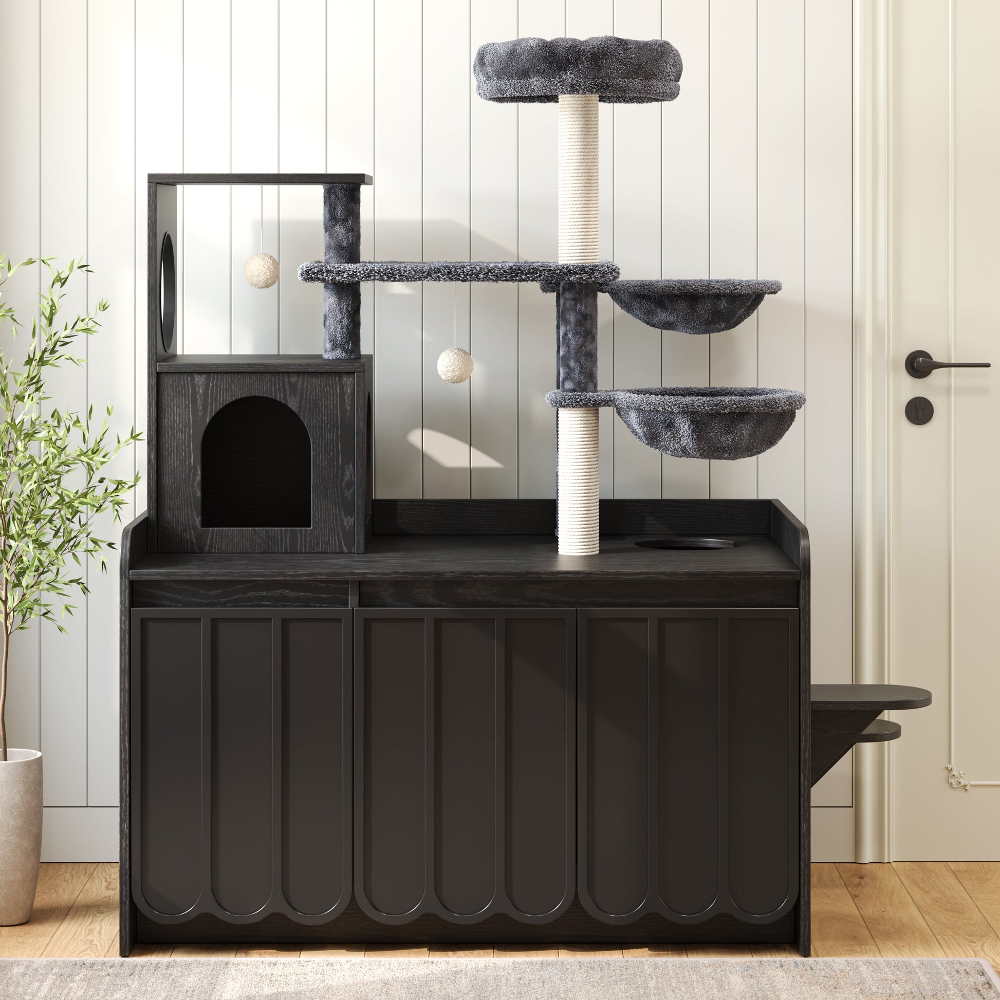 Cat Tree with Litter Box Enclosure and Sisal Scratching Post in dark gray on Tampa Home & Garden Store