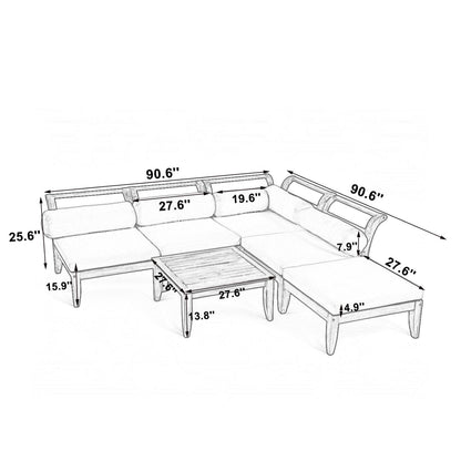 6 Piece Acacia Wood Outdoor Modular Sectional with Daybed and Tea Table beige cushions on Tampa Home & Garden Store