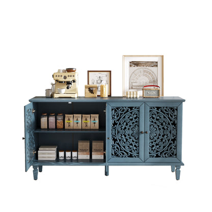 60in Antique Buffet Cabinet with floral carvings and blue finish, adjustable shelves on Tampa Home & Garden Store
