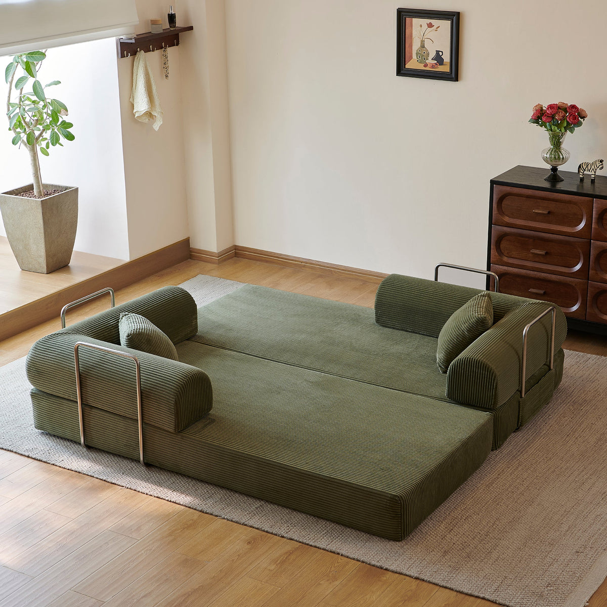 Convertible Sofa Bed and Plush Green Fabric