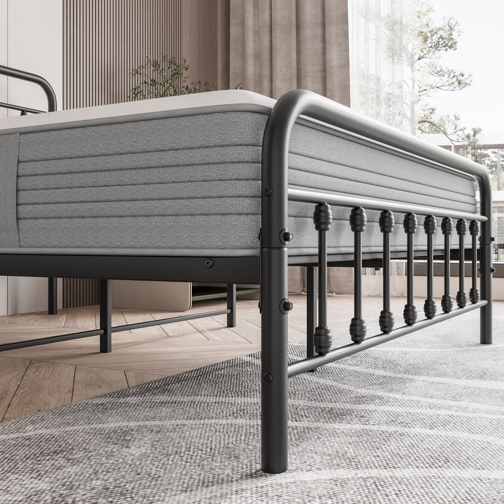 Tara Victorian-Style Steel Bed Frame by HouseOfZazla with grey fabric panels and black rails on Tampa Home & Garden Store