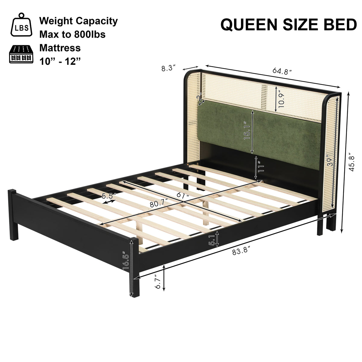 Queen Size Bed Frame with Plush Green Headboard
