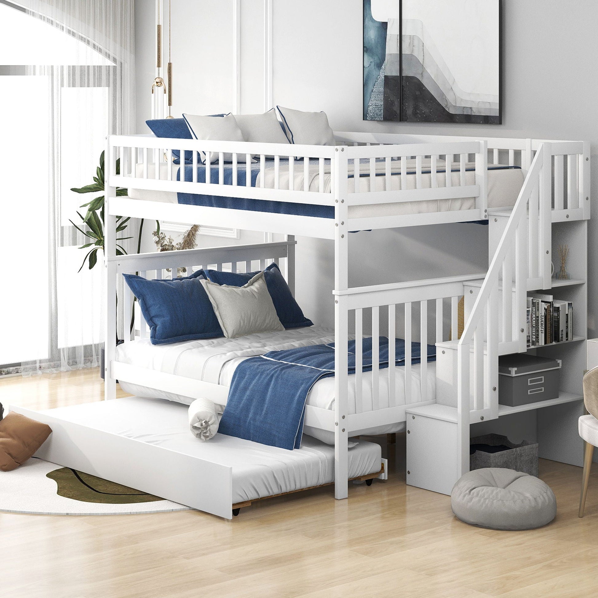 Bunk Bed With Staircase white finish with built-in ladder and blue bedding HouseOfZazla on Tampa Home & Garden Store