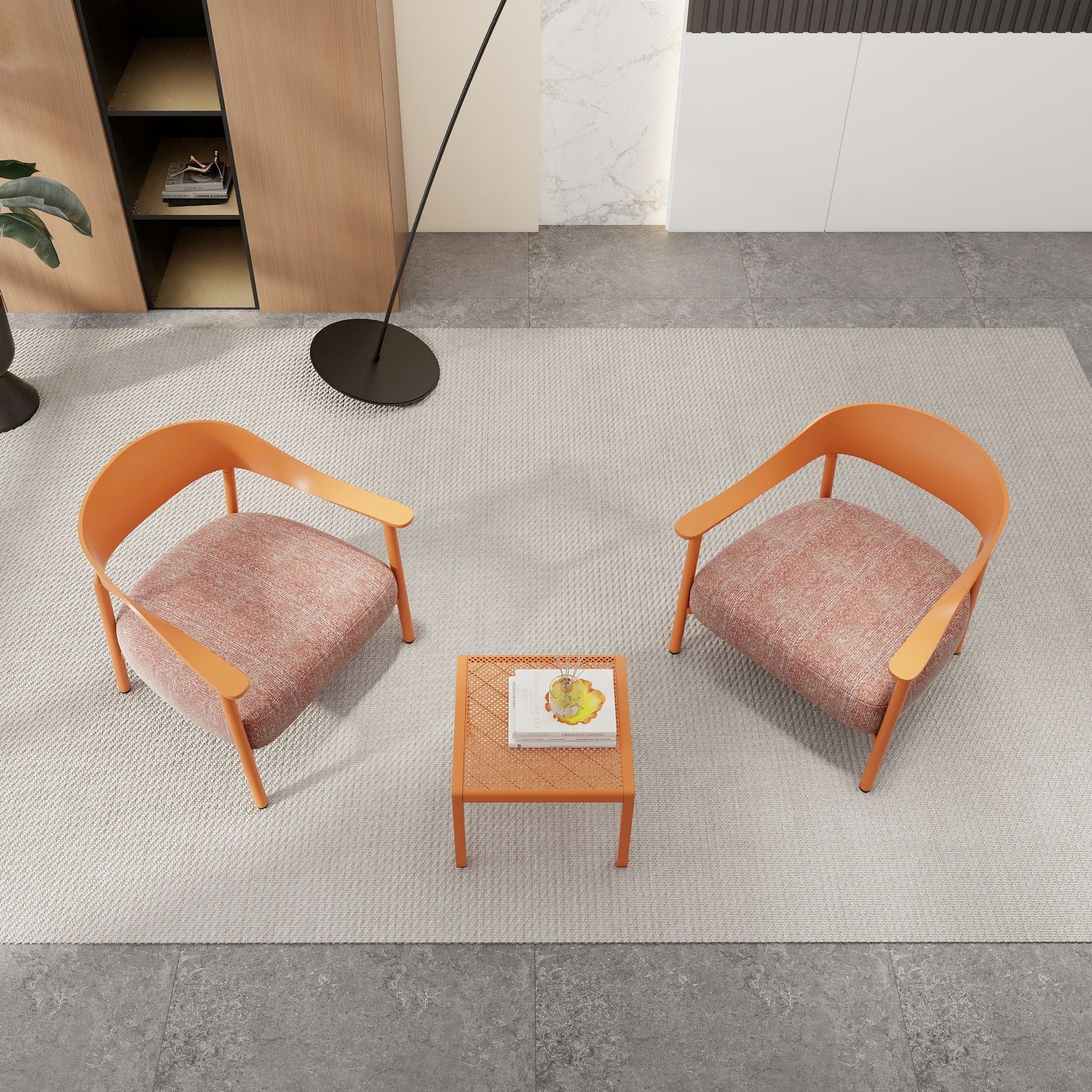 HouseOfZazla 3 Piece Outdoor Set with orange chairs and pink cushions and orange side table on Tampa Home & Garden Store