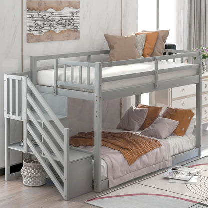 Twin Over Twin Floor Bunk Bed With Storage Ladder
