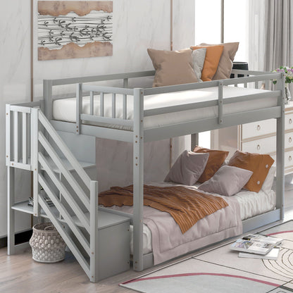 Twin Over Twin Floor Bunk Bed gray frame with storage ladder and neutral bedding on Tampa Home & Garden Store