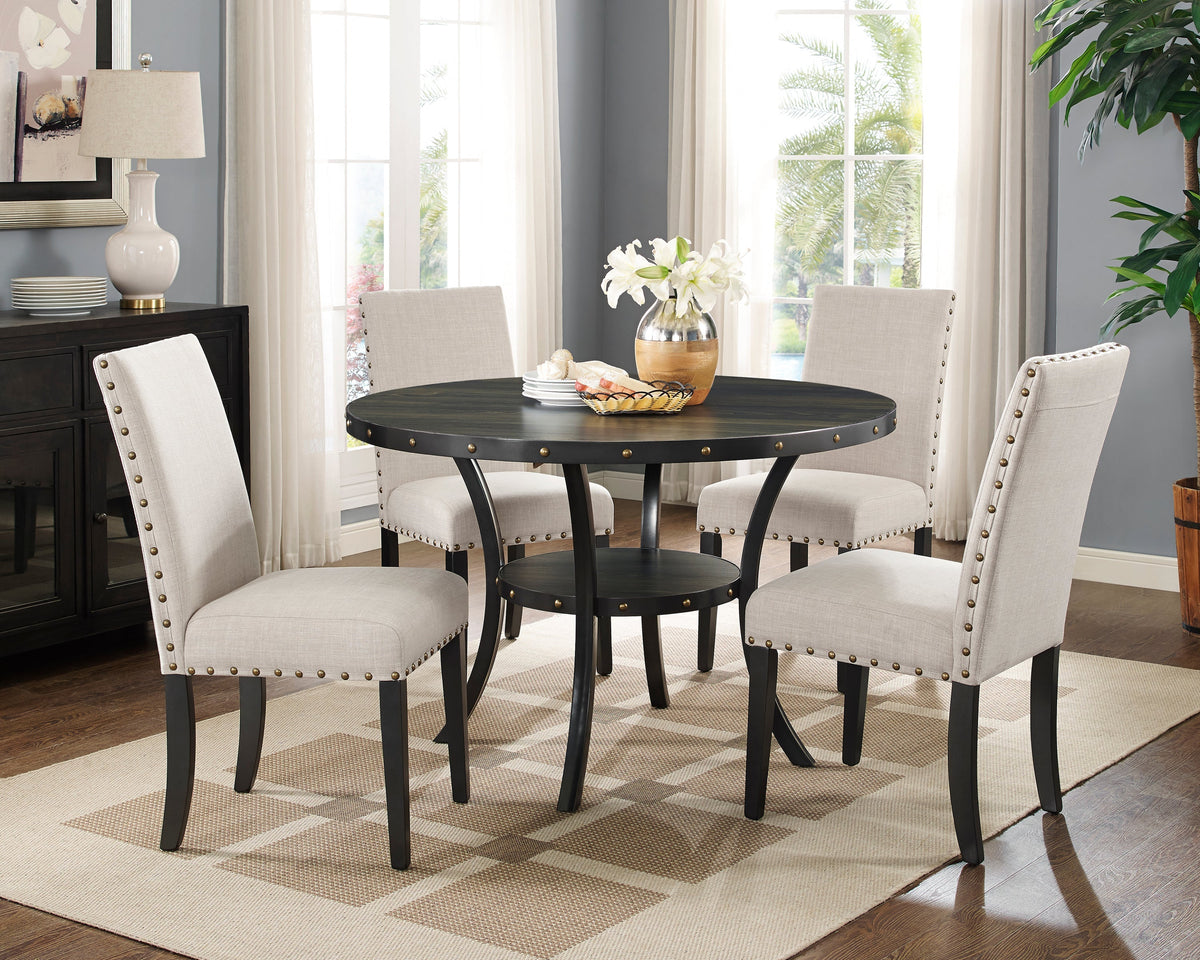 Espresso wood 5-piece dining set with nailhead tan chairs around a round black table on Tampa Home & Garden Store