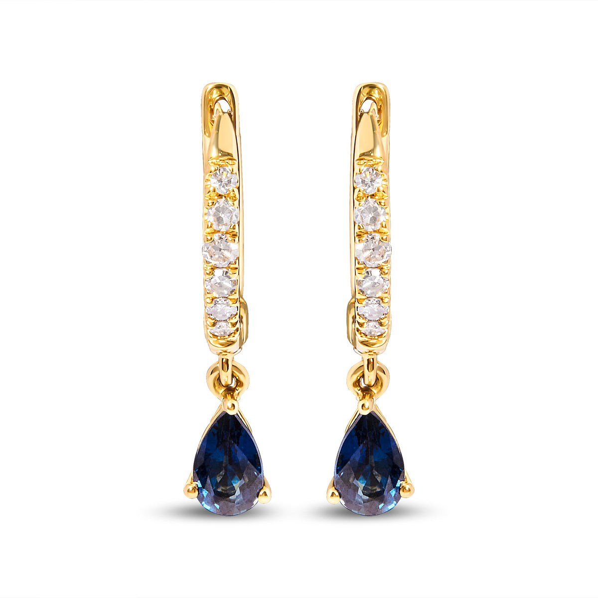 Pair of 10K yellow gold huggy hoop earrings with 1/10 Cttw diamonds and pear blue sapphire drops on Tampa Home & Garden Store