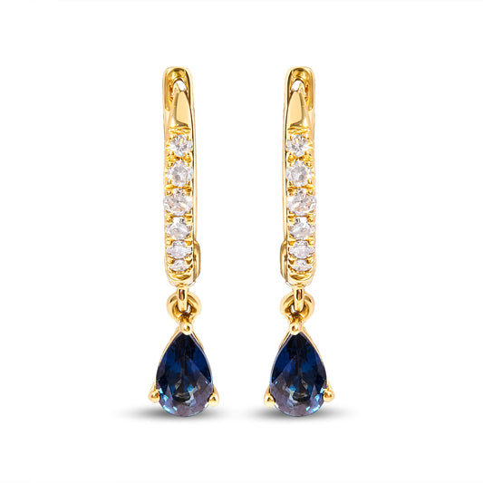 Pair of 10K yellow gold huggy hoop earrings with 1/10 Cttw diamonds and pear blue sapphire drops on Tampa Home & Garden Store