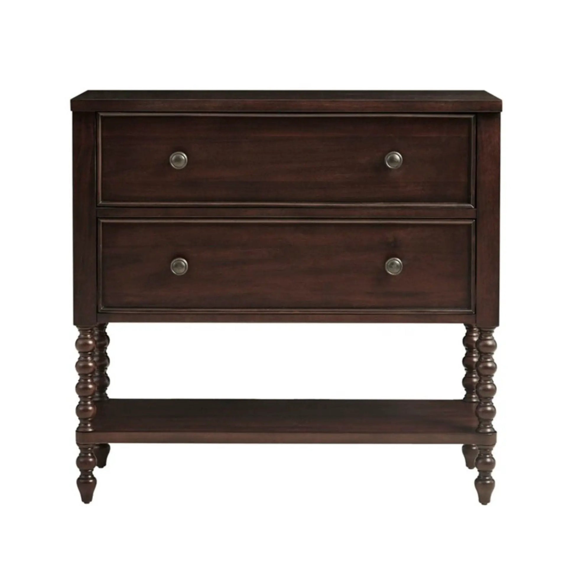 Signature Beckett 2-Drawer Accent Chest in dark brown wood with metal knobs and turned legs on Tampa Home & Garden Store