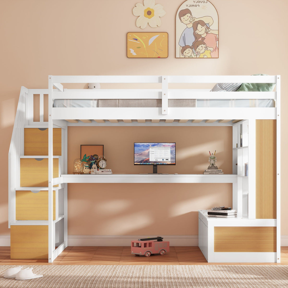 Full size loft bed with desk and shelves, white frame and wood storage staircase and drawers on Tampa Home & Garden Store