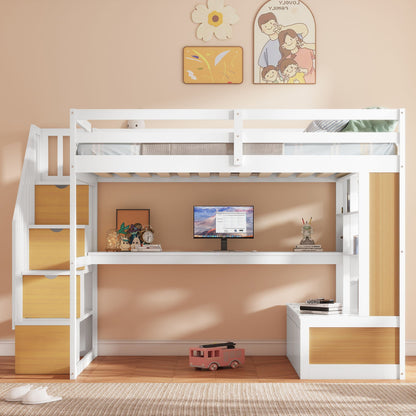 Full size loft bed with desk and shelves, white frame and wood storage staircase and drawers on Tampa Home & Garden Store