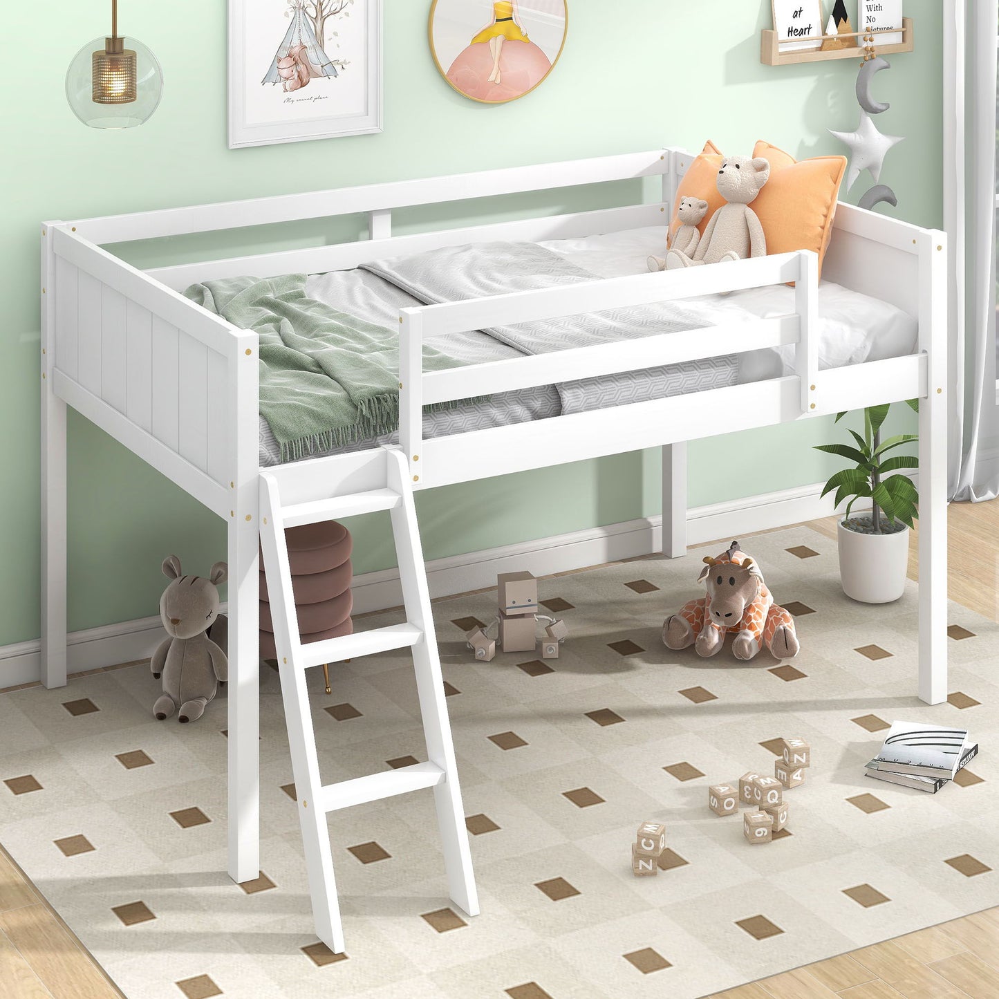 Low Loft Bed with Adjustable Ladder, white wood twin frame by HouseOfZazla; kids room with toys on Tampa Home & Garden Store