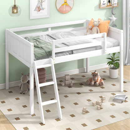Low Loft Bed with Adjustable Ladder, white wood twin frame by HouseOfZazla; kids room with toys on Tampa Home & Garden Store