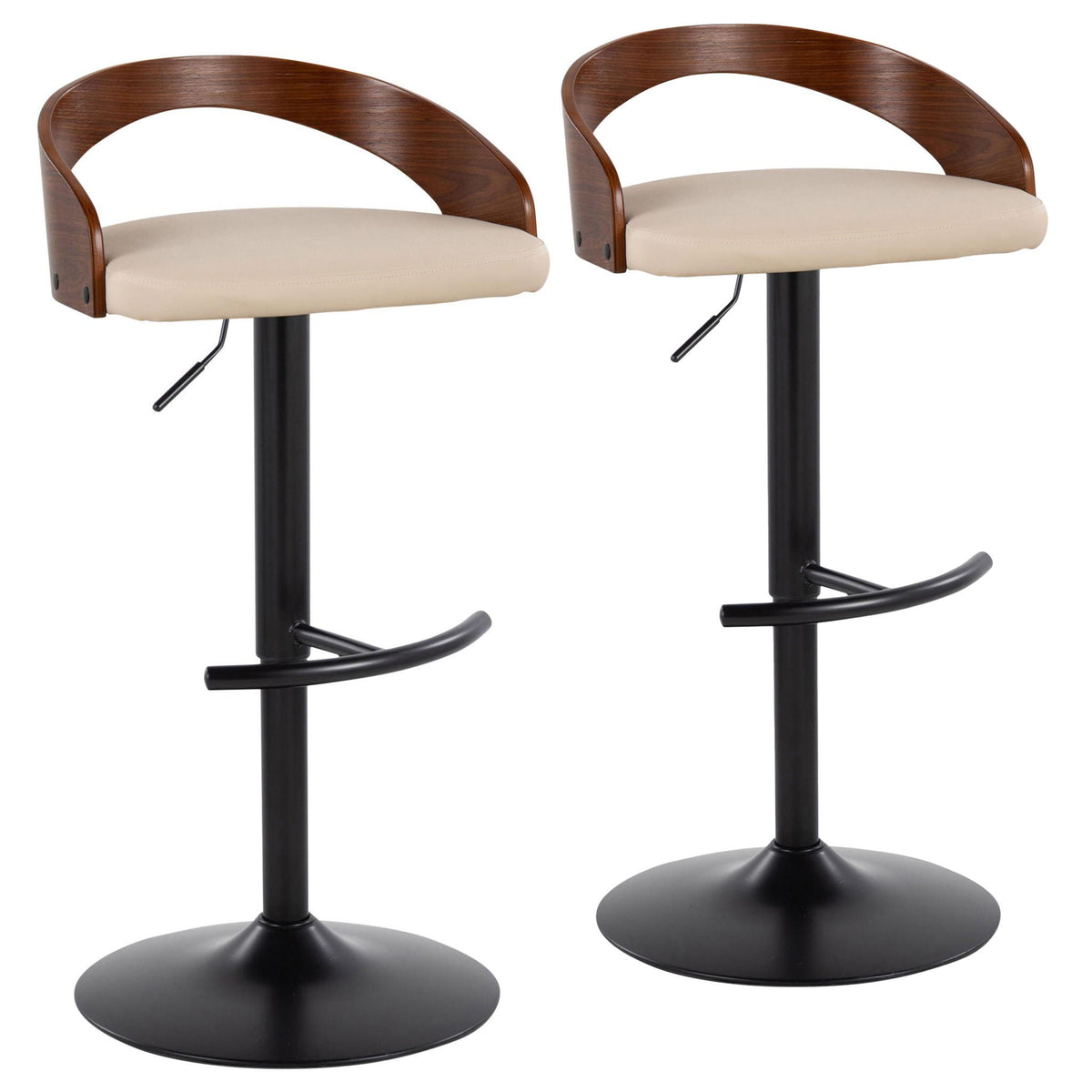 Contemporary adjustable barstool set with swivel and footrest beige cushions curved wood backs set of 2 on Tampa Home & Garden Store