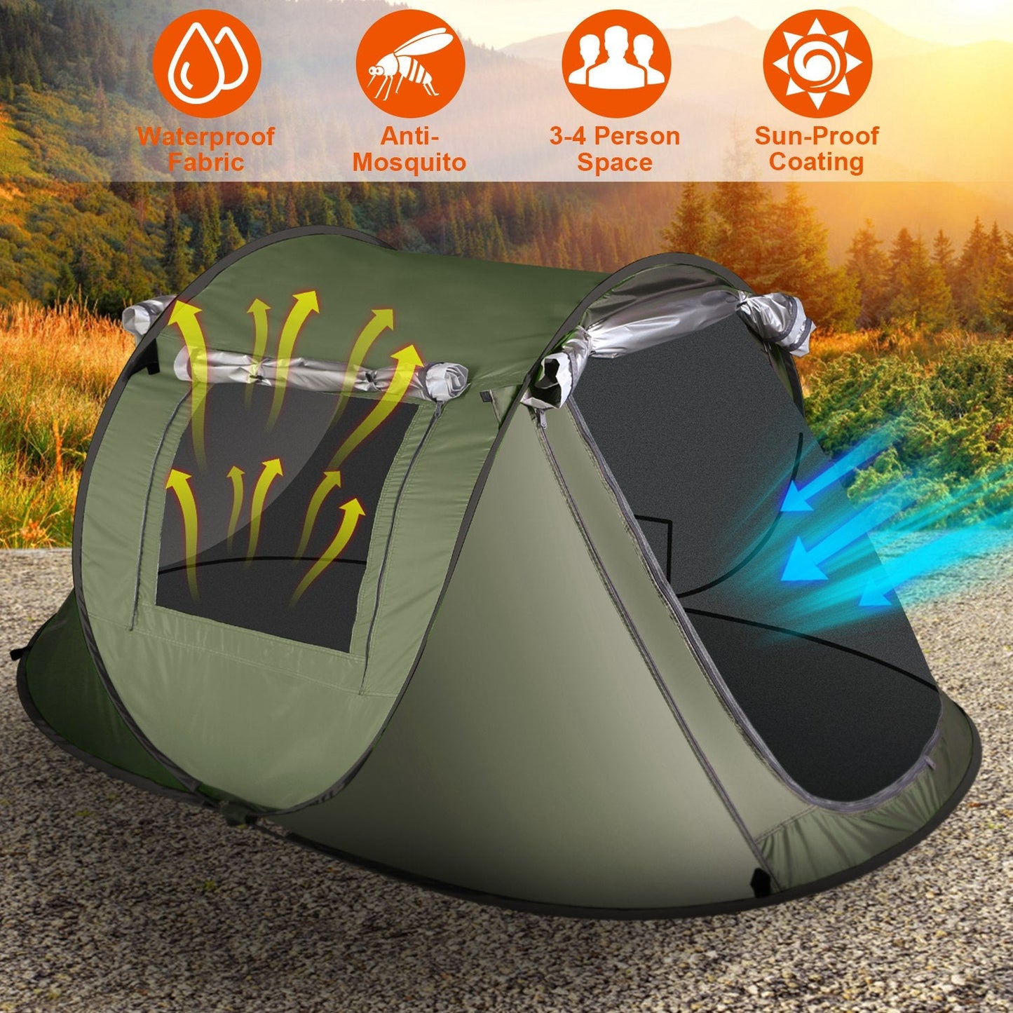 GemGear 3-4 Person Pop-Up Tent with waterproof fabric and mosquito mesh green with carry bag on Tampa Home & Garden Store
