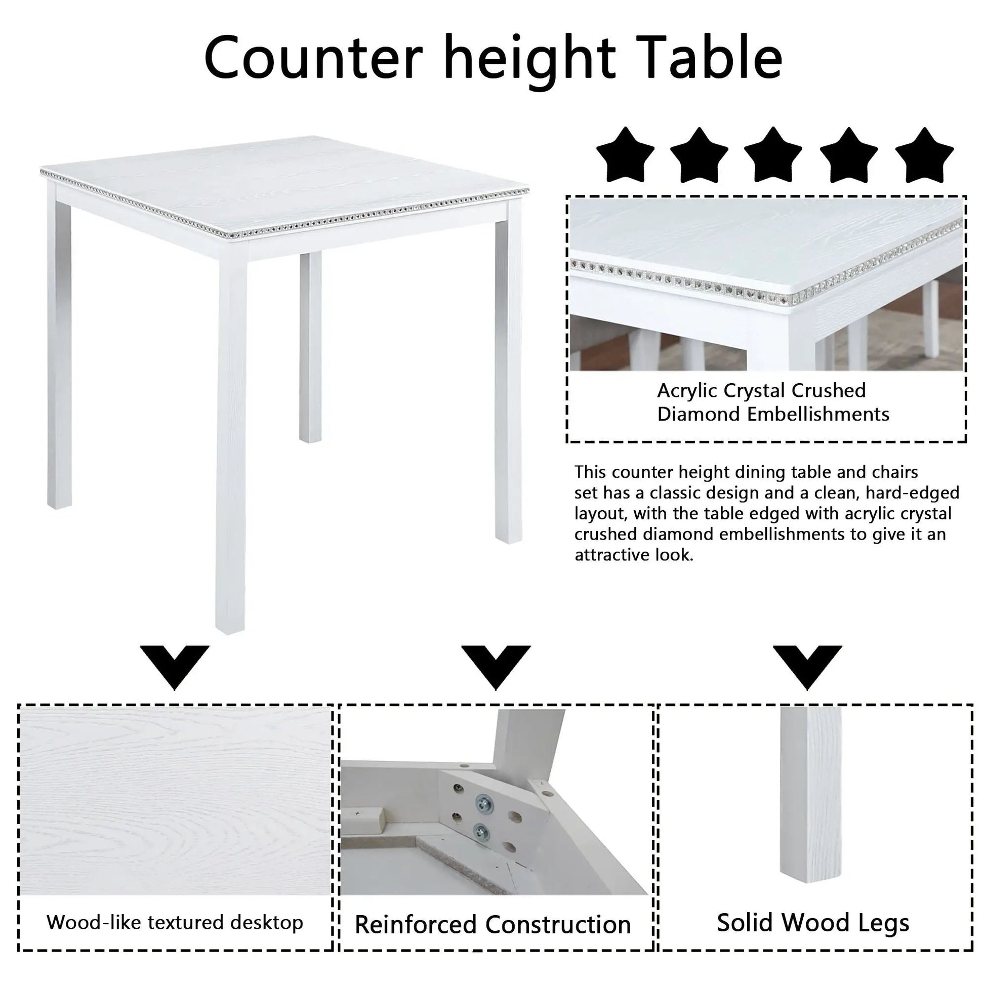 5 Piece Counter Height Table Set square white table with wood-like top and acrylic crystal trim on Tampa Home & Garden Store