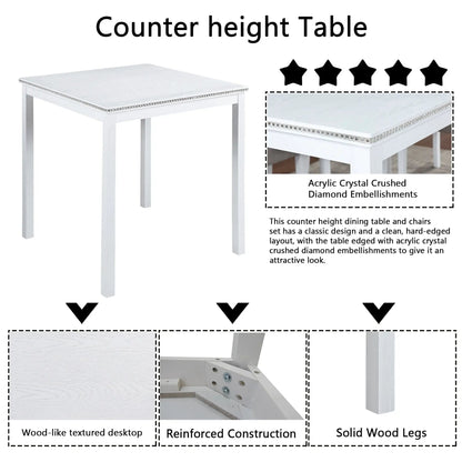 5 Piece Counter Height Table Set square white table with wood-like top and acrylic crystal trim on Tampa Home & Garden Store