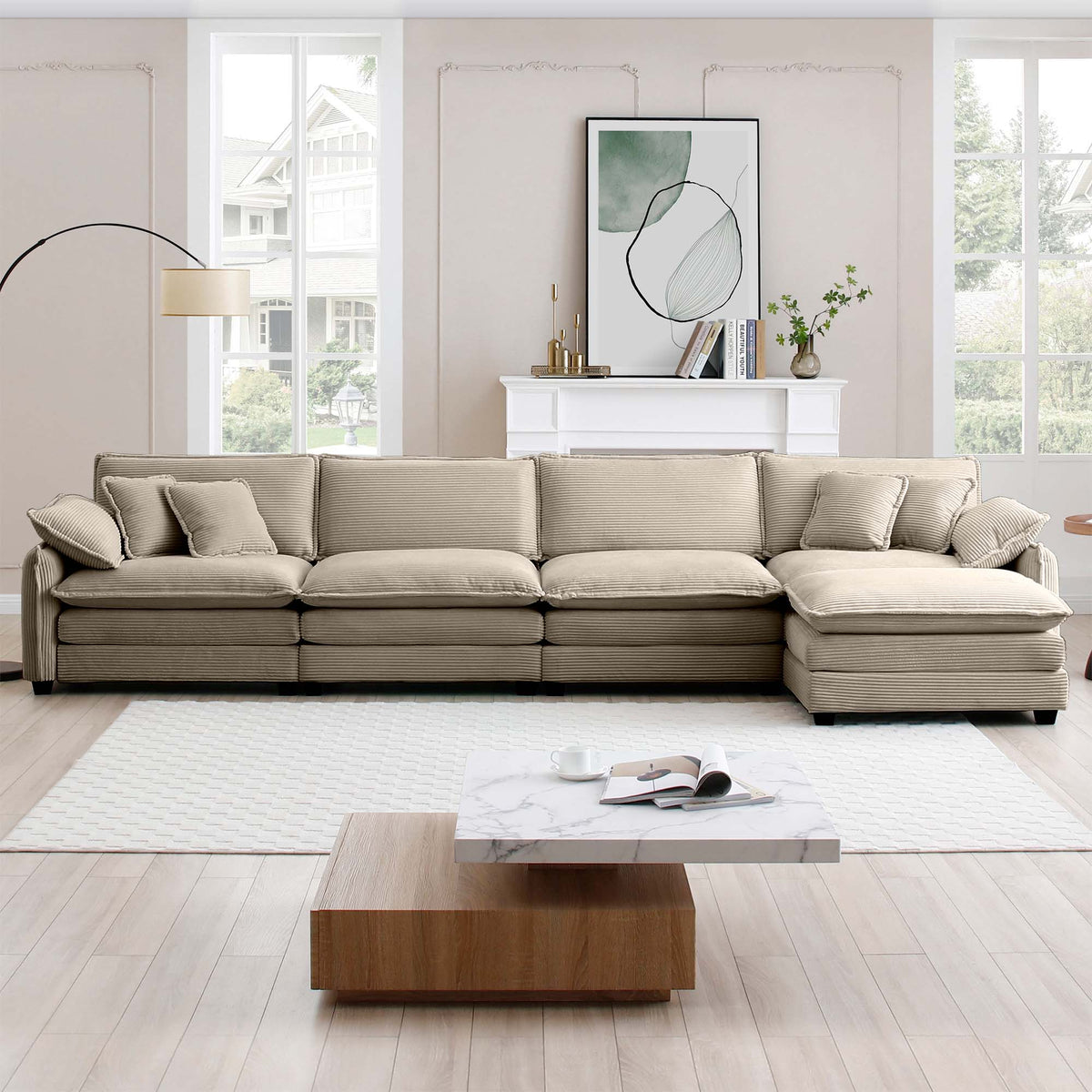 Modern beige corduroy 4-seater sofa with footstool by HouseOfZazla on Tampa Home & Garden Store