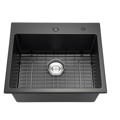 25 inch granite top-mount single-bowl kitchen sink gray exterior black basin with metal rack on Tampa Home & Garden Store