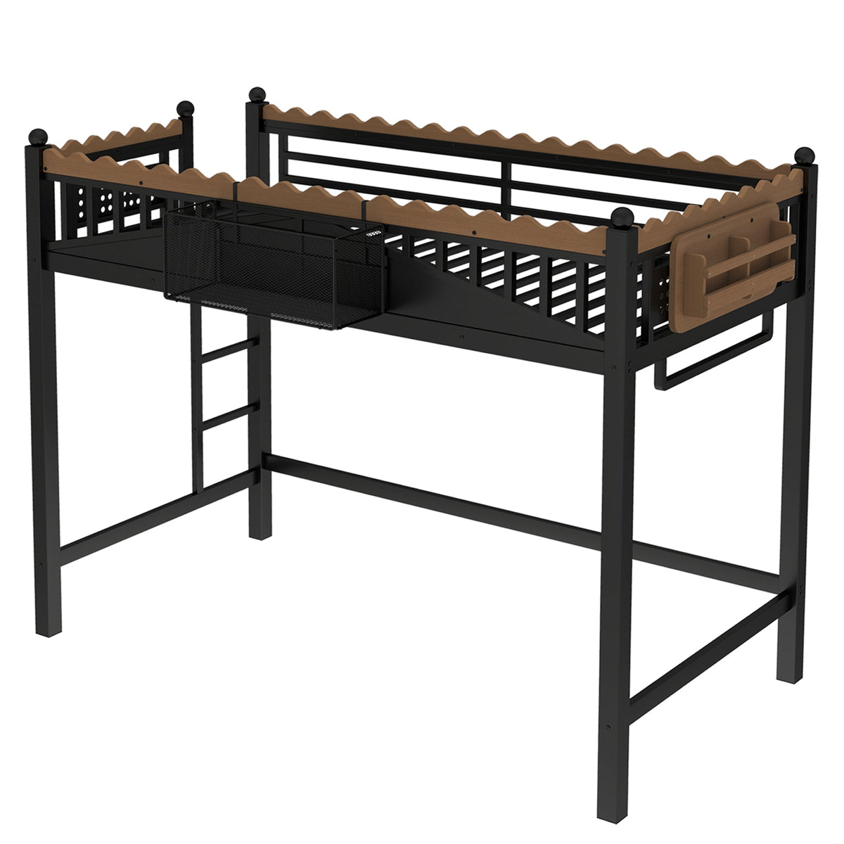 Twin XL loft bed with ladders, black metal frame and wood guard rails and storage shelves on Tampa Home & Garden Store