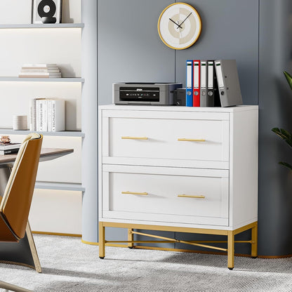 White 2-drawer lateral filing cabinet with anti-tilt safety and gold hardware on Tampa Home & Garden Store