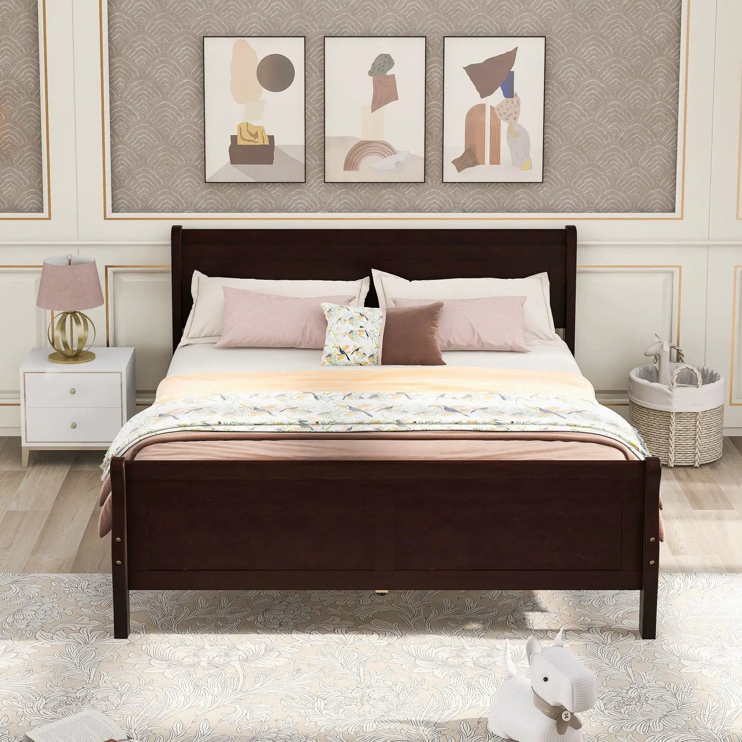 Dark wood platform bed frame with headboard and footboard, wood slat foundation on Tampa Home & Garden Store