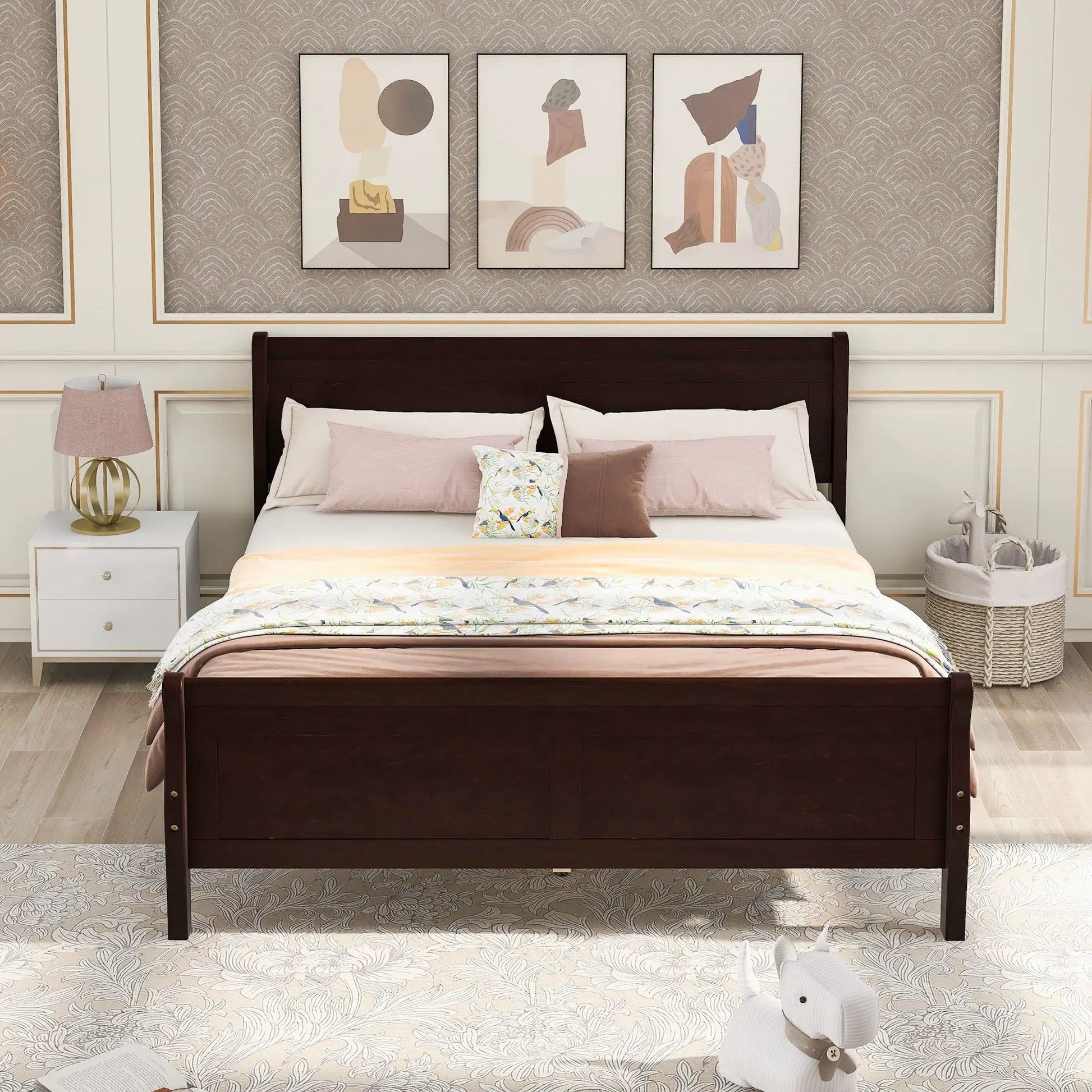 Dark wood platform bed frame with headboard and footboard, wood slat foundation on Tampa Home & Garden Store