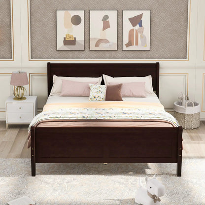 Dark wood platform bed frame with headboard and footboard, wood slat foundation on Tampa Home & Garden Store