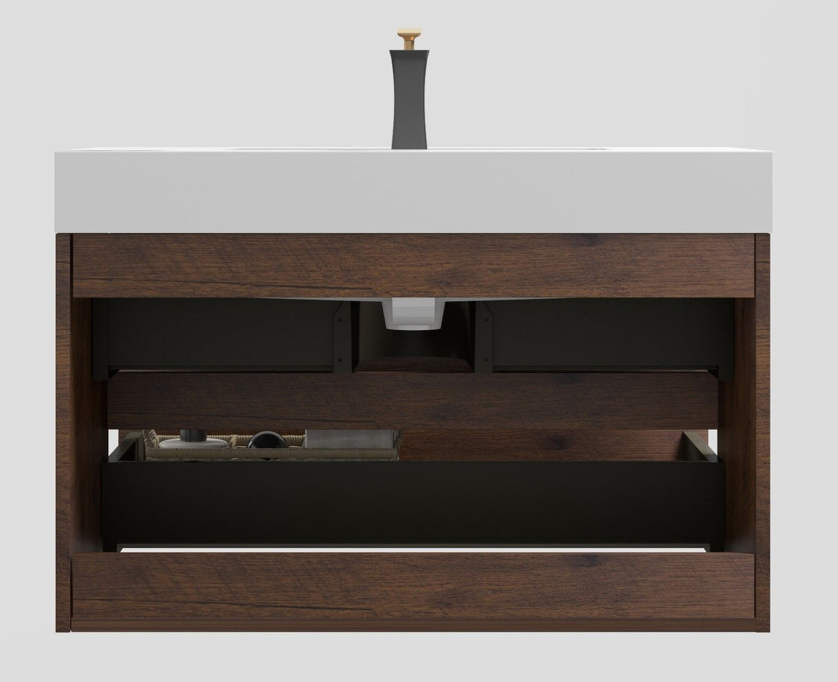 Alice wall-mounted vanity with integrated sink, white top on dark walnut cabinet with faucet on Tampa Home & Garden Store