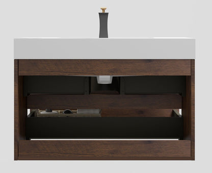 Alice wall-mounted vanity with integrated sink, white top on dark walnut cabinet with faucet on Tampa Home & Garden Store