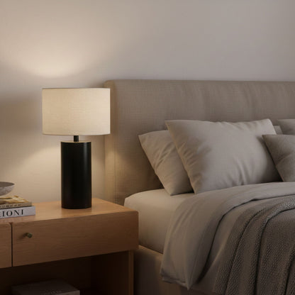 Aura table lamp with black block base and white shade on nightstand by HouseOfZazla on Tampa Home & Garden Store