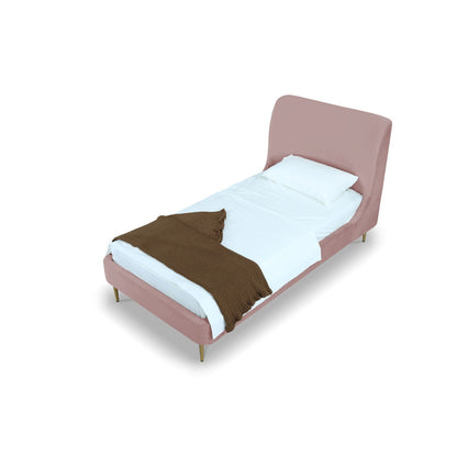 Mid-Century Modern upholstered bed with curved blush headboard, white linens, gold legs on Tampa Home & Garden Store